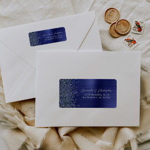 Glam Navy Blue Metallic Wedding Return Address Label