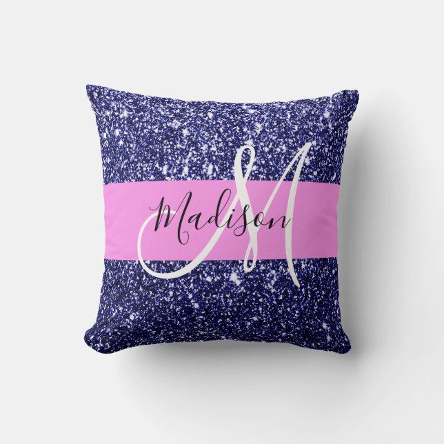 Glam Navy Blue Pink Glitter Sparkles Name Monogram Cushion (Front)