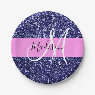 Glam Navy Blue Pink Glitter Sparkles Name Monogram Paper Plate