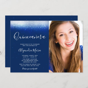 Glam Navy Blue Quinceanera Photo Invitation
