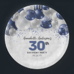 Glam Navy Blue Silver Balloon Glitter Birthday Paper Plate<br><div class="desc">Modern Glam Navy Blue Silver Balloon Glitter Sparkle Any Age Birthday Party Plates</div>