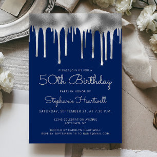 Glam Navy Blue Silver Dripping Foil 50th Birthday Invitation
