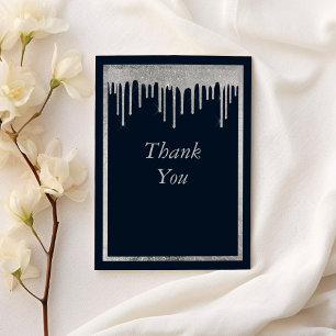 Glam navy blue silver glitter drips 50th Birthday Thank You Card