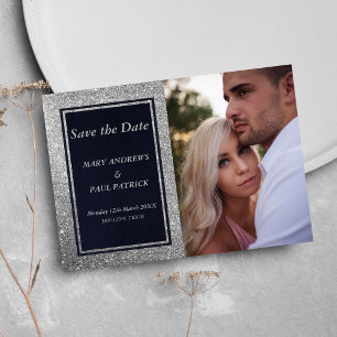 Glam navy blue silver glitter photo Save The Date