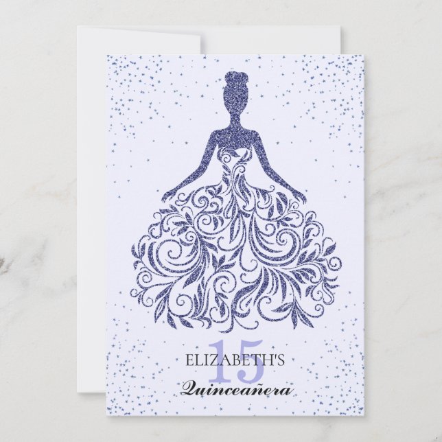 Glam Navy Blue Sparkle Dress Quinceañera Glitter Invitation (Front)