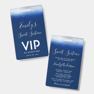 Glam Navy Blue Sweet 16  Invitation VIP Pass ID Badge