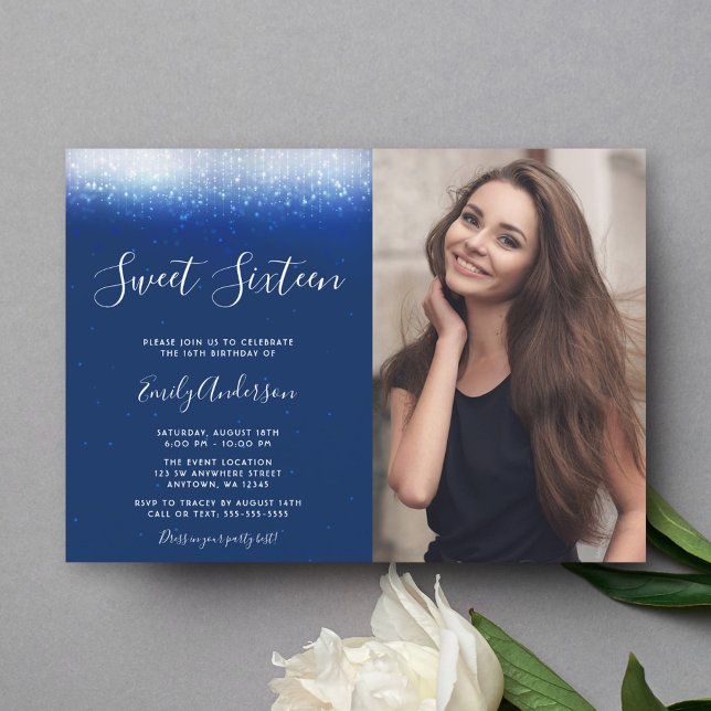 Glam Navy Blue Sweet 16 Photo Invitation (Creator Uploaded)
