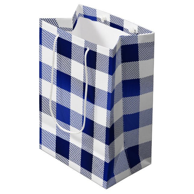 Glam Navy Blue White Buffalo Plaid  Medium Gift Bag (Front Angled)