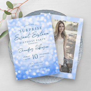 Glam Navy Lights Photo SURPRISE Sweet 16   Invitation