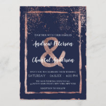 Glam Navy Rose Gold Confetti Brushstroke Wedding