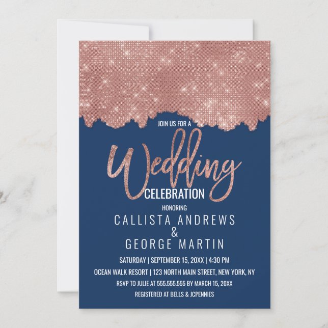 Glam Navy Rose Gold Glitter Colour Block Wedding Invitation (Front)