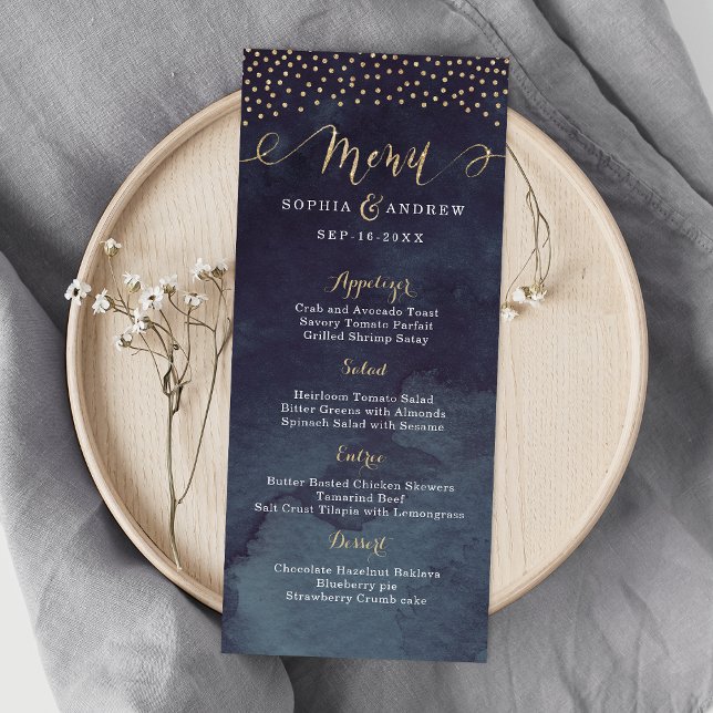 Glam night faux gold calligraphy wedding menu (Glam night faux gold calligraphy wedding menu)