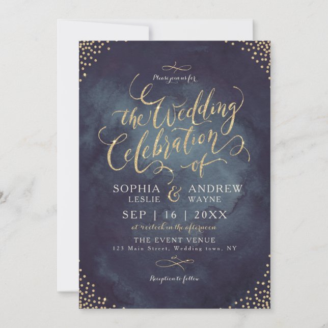 Glam night faux gold glitter calligraphy wedding invitation (Front)