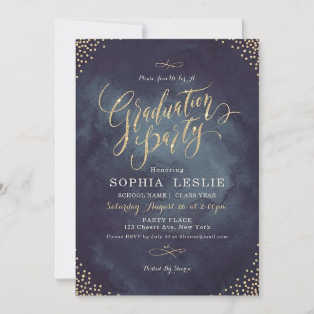 Glam night gold calligraphy graduation party invitation (Front)
