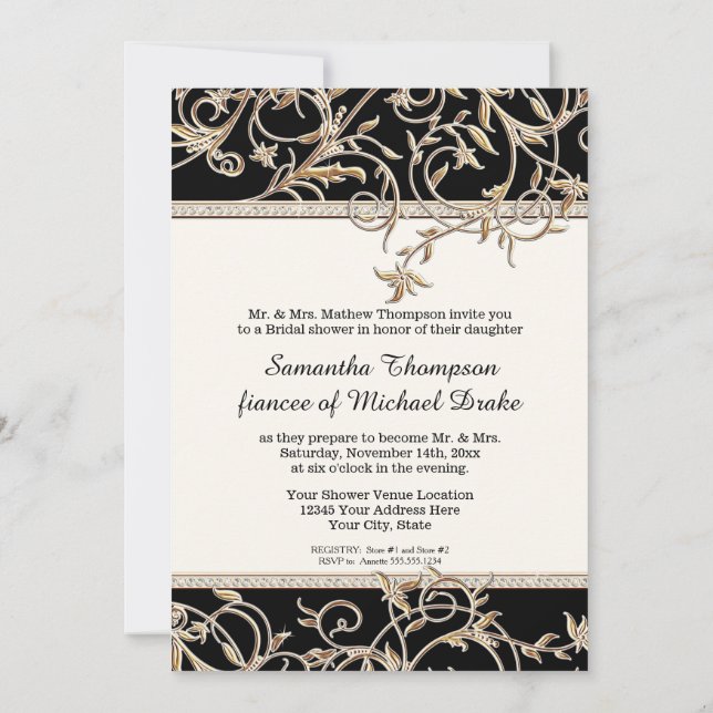 Glam Old Hollywood Regency Black Bridal Shower Invitation (Back)