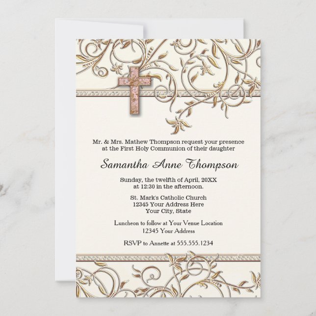 Glam Old Hollywood Regency Cross First Communion Invitation (Back)