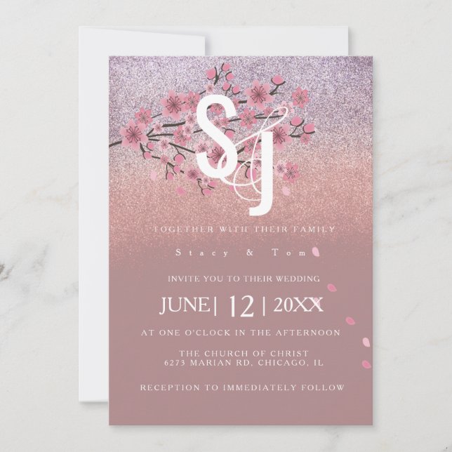 Glam Ombré Cherry Blossom Tree Petals Wedding Invitation (Front)
