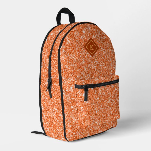 Glam orange glitter texture print | monogram printed backpack (Back Corner Left)