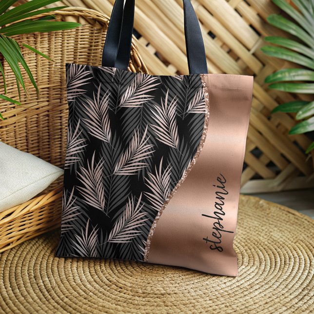 Glam Palm Leaves Rose Gold Black Metallic Name Tote Bag (Creator Uploaded)