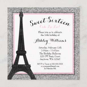 Glam Paris Themed Faux Glitter Sweet 16 Birthday Invitation