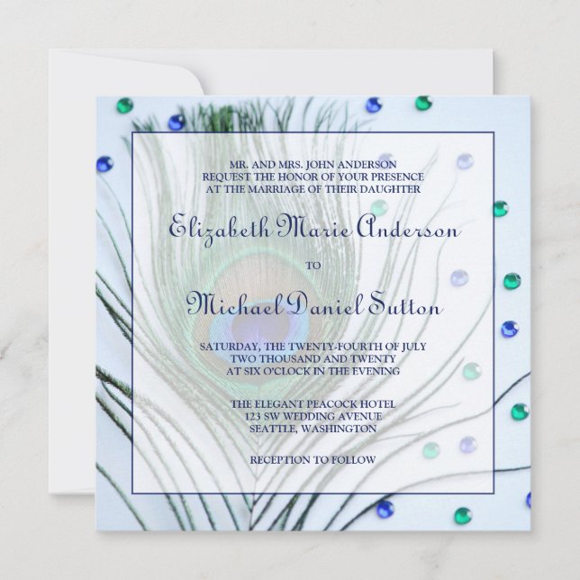 Glam Peacock Feather Blue Wedding Invitations (Front)