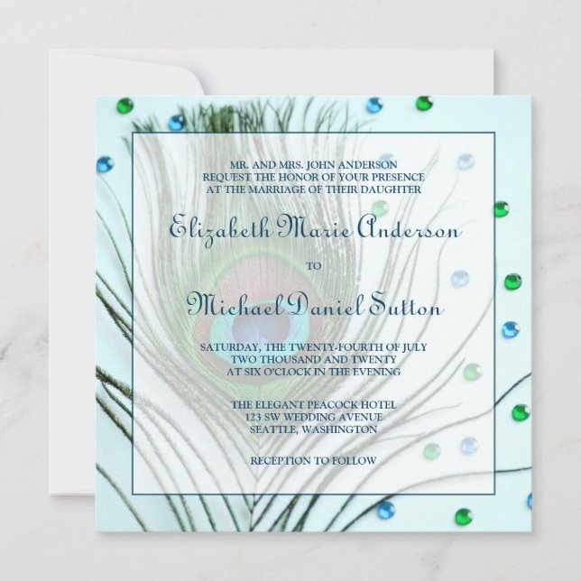Glam Peacock Feather Teal Wedding Invitation (Front)