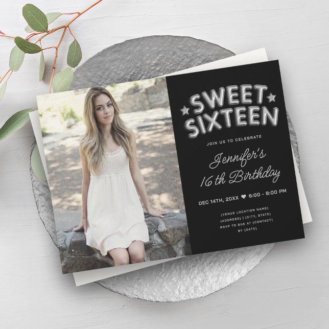 Glam Photo Silver Black Balloons Sweet 16  Invitation (Glam Photo Silver Black Balloons Sweet 16 Invitation)
