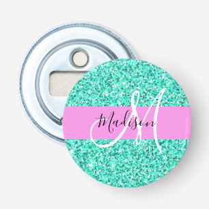 Glam Pink and Aqua Glitter Sparkles Monogram Name Bottle Opener