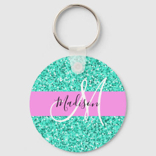 Glam Pink and Aqua Glitter Sparkles Monogram Name Key Ring