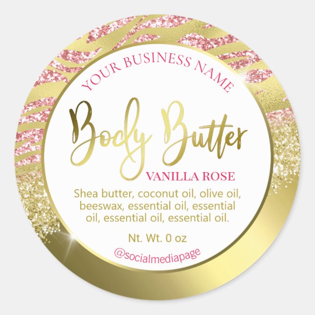 Glam Pink And Gold Glitter Foil Body Butter Labels (Front)
