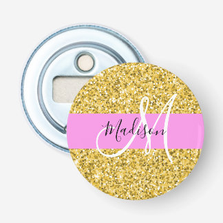 Glam Pink and Gold Glitter Sparkles Monogram Name Bottle Opener