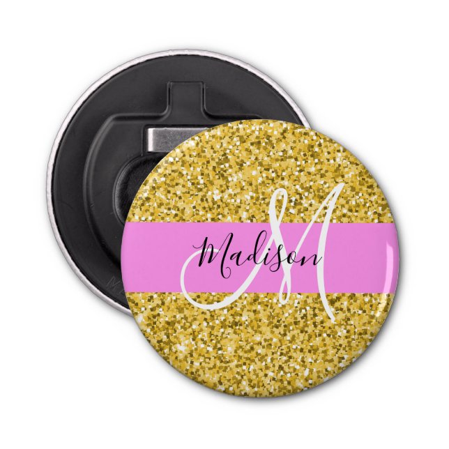 Glam Pink and Gold Glitter Sparkles Monogram Name Bottle Opener (Front)