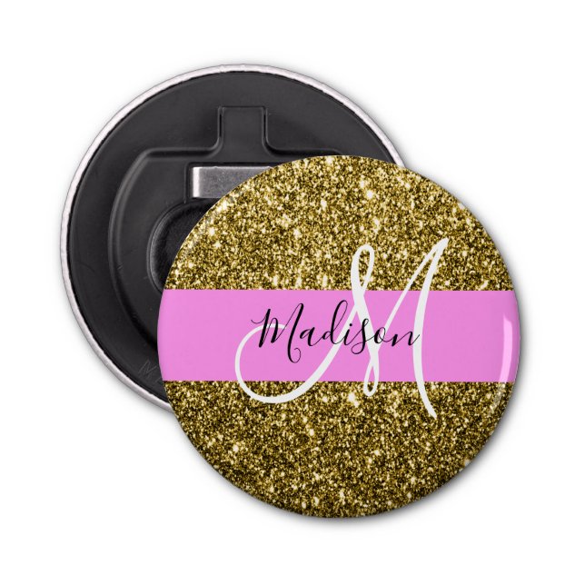 Glam Pink and Gold Glitter Sparkles Monogram Name Bottle Opener (Front)
