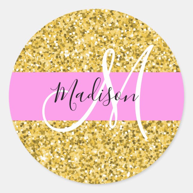 Glam Pink and Gold Glitter Sparkles Monogram Name Classic Round Sticker (Front)