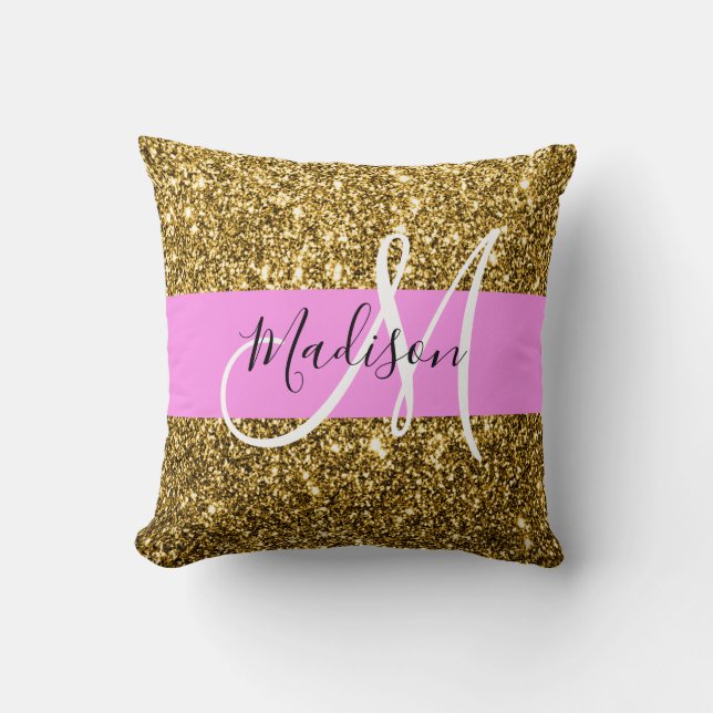 Glam Pink and Gold Glitter Sparkles Monogram Name Cushion (Front)