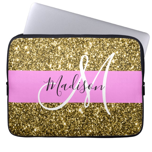 Glam Pink and Gold Glitter Sparkles Monogram Name Laptop Sleeve (Front)
