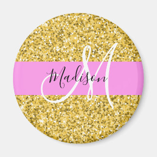 Glam Pink and Gold Glitter Sparkles Monogram Name Magnet
