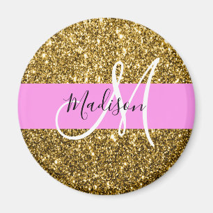 Glam Pink and Gold Glitter Sparkles Monogram Name Magnet