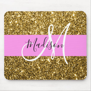 Glam Pink and Gold Glitter Sparkles Monogram Name Mouse Pad
