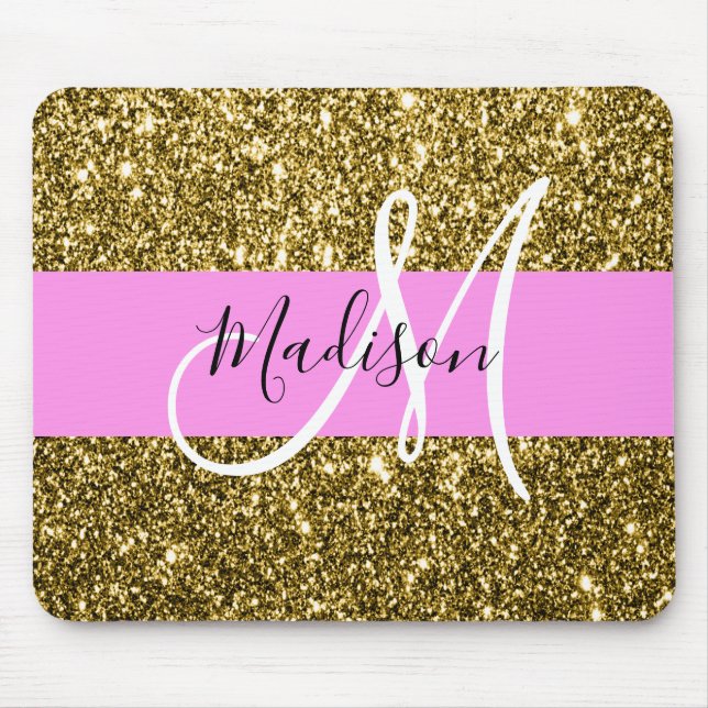 Glam Pink and Gold Glitter Sparkles Monogram Name Mouse Pad (Front)
