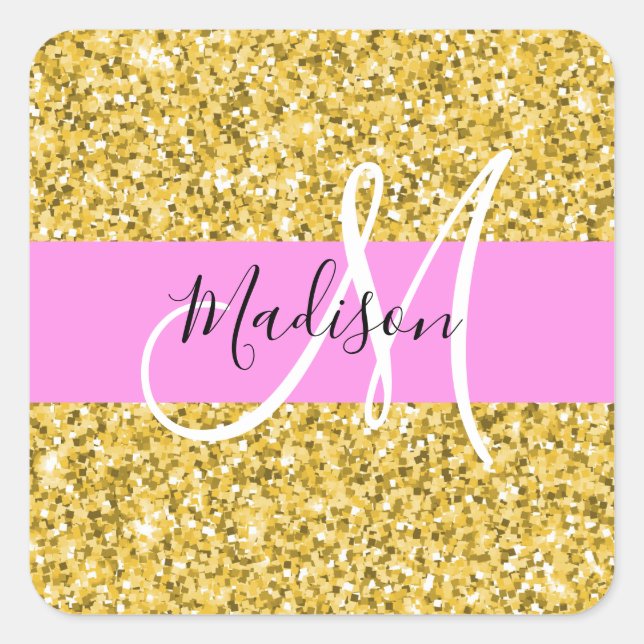 Glam Pink and Gold Glitter Sparkles Monogram Name Square Sticker (Front)