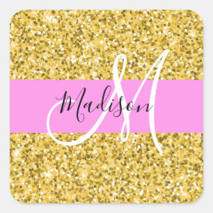 Glam Pink and Gold Glitter Sparkles Monogram Name Square Sticker