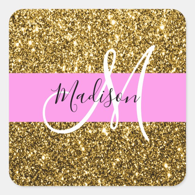 Glam Pink and Gold Glitter Sparkles Monogram Name Square Sticker (Front)