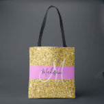 Glam Pink and Gold Glitter Sparkles Monogram Name Tote Bag<br><div class="desc">Glam and girly pink and yellow gold glitter sparkles white monogram name and initial tote bag. Your custom name and monogram are written in an elegant hand lettered script with a pink background. You can change the text colour and font style and size using the customise option. A perfect birthday...</div>