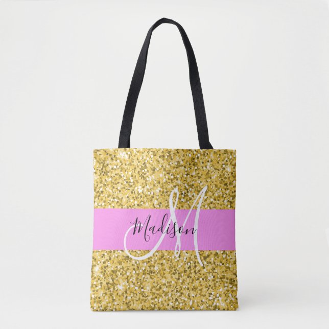 Glam Pink and Gold Glitter Sparkles Monogram Name Tote Bag (Front)