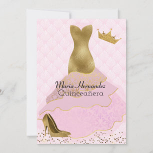 Glam Pink and Gold Gown Quinceañera Invitation