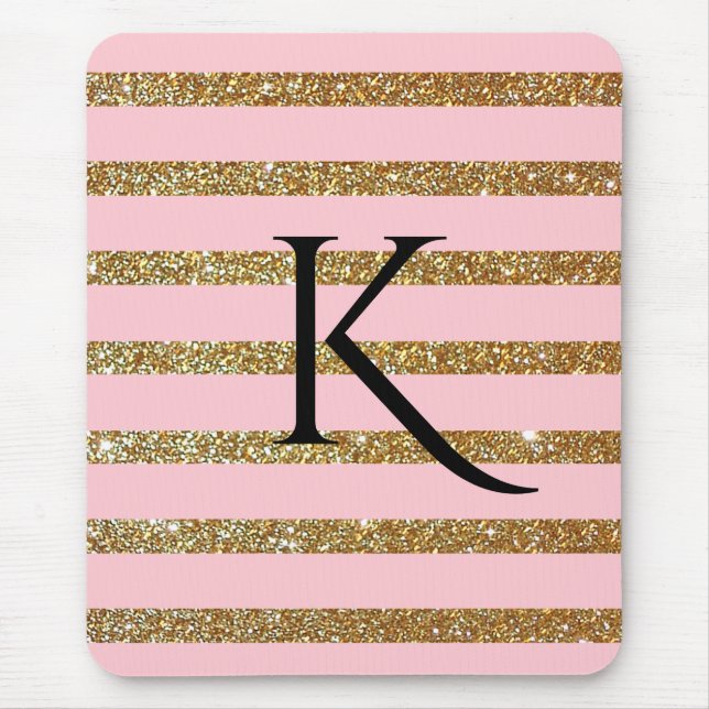 Glam Pink and Gold Striped Monogrammed Mouse Pad (Front)