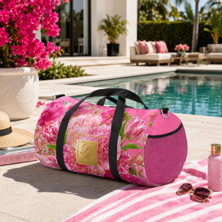 Glam Pink and Green Floral Monogram Duffle Bag