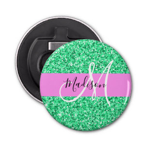 Glam Pink and Green Glitter Sparkles Monogram Name Bottle Opener