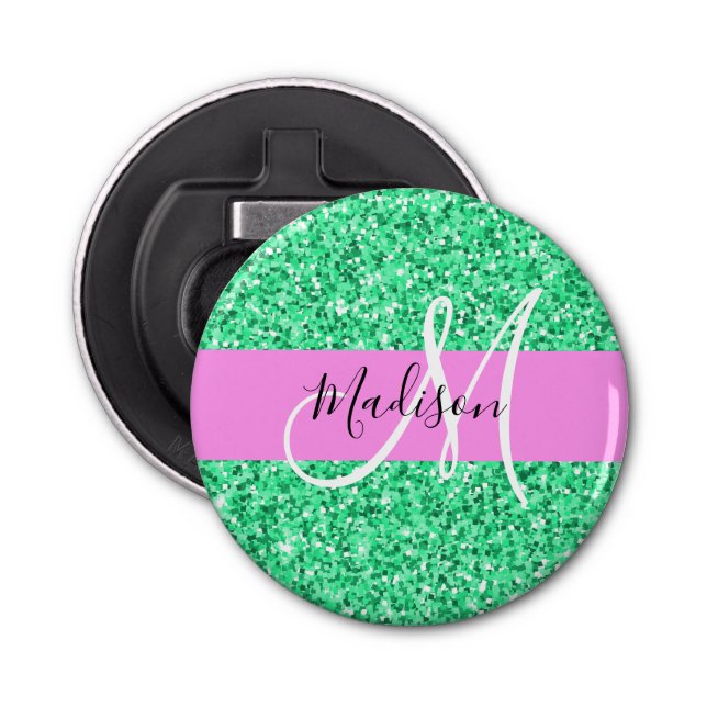 Glam Pink and Green Glitter Sparkles Monogram Name Bottle Opener (Front)